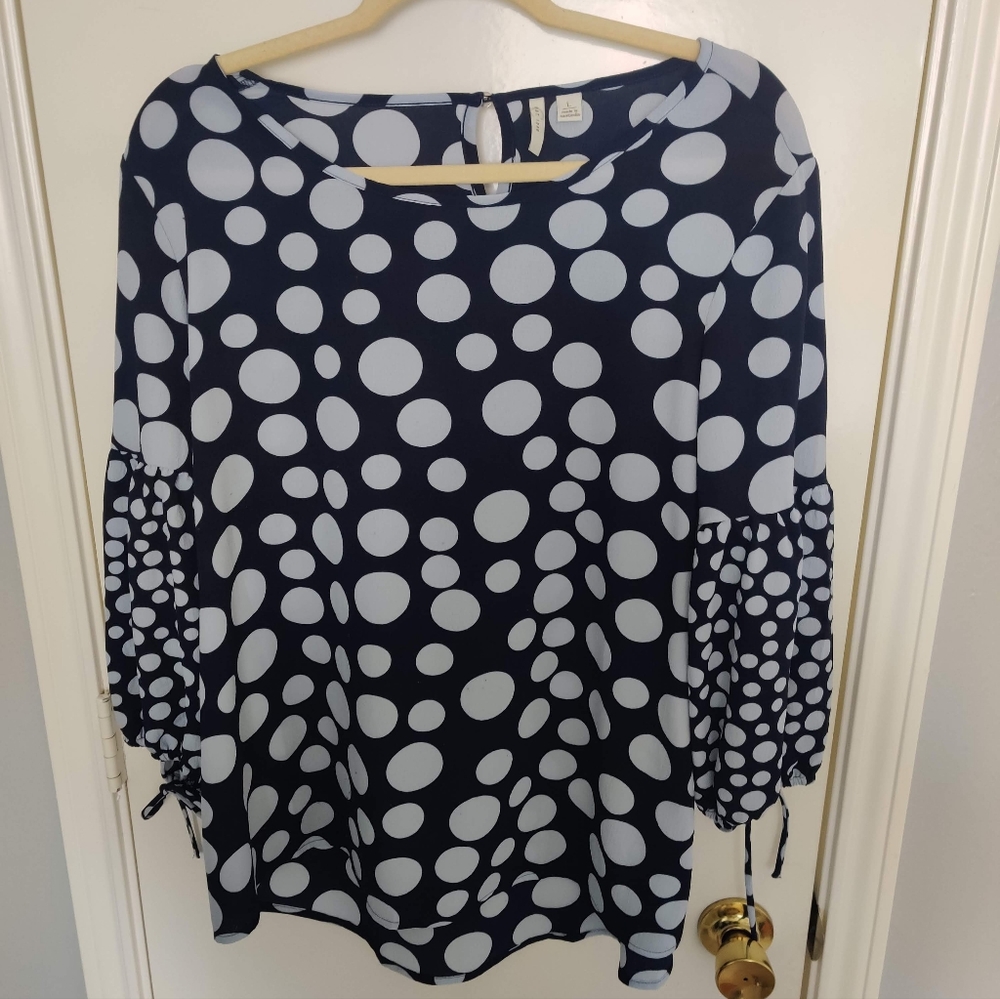 Blue and white polkadot blouse